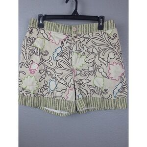 Womens High Rise Floral Embroidered Shorts Beige Green Striped Trim Size Medium
